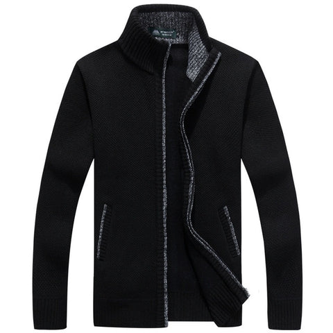 Image of Winter Thick Men's Knitted Sweater Coat Off White Long Sleeve Cardigan Fleece Full Zip Male Causal Plus Size Clothing for Autumn