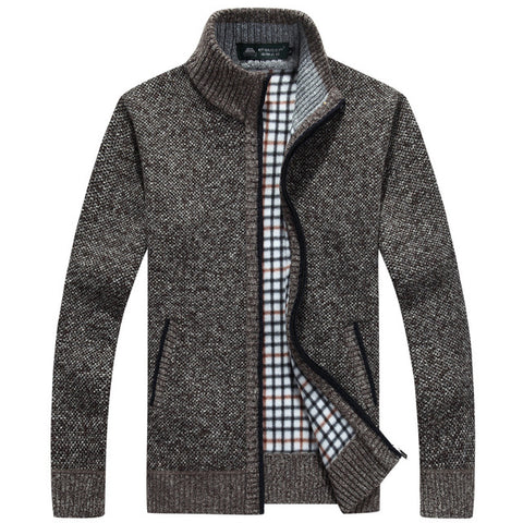 Image of Winter Thick Men's Knitted Sweater Coat Off White Long Sleeve Cardigan Fleece Full Zip Male Causal Plus Size Clothing for Autumn