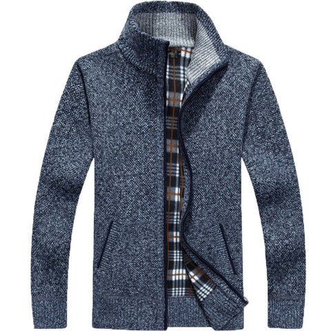 Image of Winter Thick Men's Knitted Sweater Coat Off White Long Sleeve Cardigan Fleece Full Zip Male Causal Plus Size Clothing for Autumn