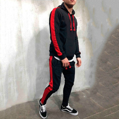 Image of 2 Pieces Sets Tracksuit Men New Brand Autumn Winter Hooded Sweatshirt +Drawstring Pants Male Stripe Patchwork Hoodies Bigsweety