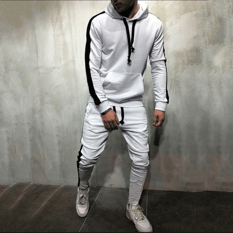 Image of 2 Pieces Sets Tracksuit Men New Brand Autumn Winter Hooded Sweatshirt +Drawstring Pants Male Stripe Patchwork Hoodies Bigsweety