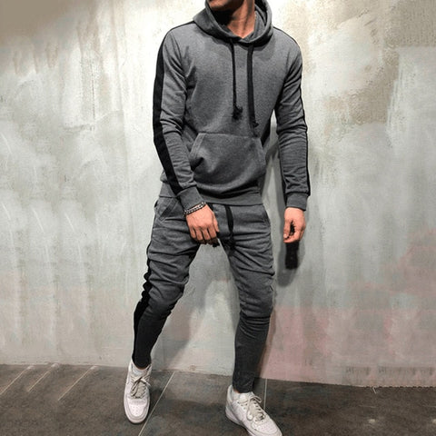 Image of 2 Pieces Sets Tracksuit Men New Brand Autumn Winter Hooded Sweatshirt +Drawstring Pants Male Stripe Patchwork Hoodies Bigsweety