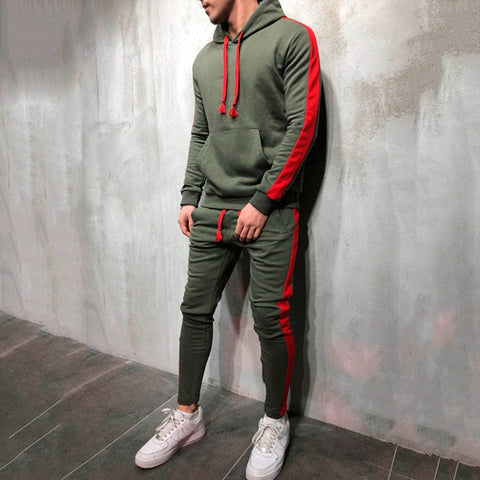 Image of 2 Pieces Sets Tracksuit Men New Brand Autumn Winter Hooded Sweatshirt +Drawstring Pants Male Stripe Patchwork Hoodies Bigsweety