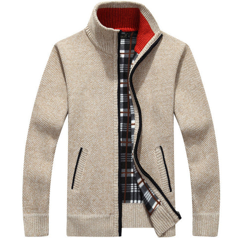 Image of Winter Thick Men's Knitted Sweater Coat Off White Long Sleeve Cardigan Fleece Full Zip Male Causal Plus Size Clothing for Autumn