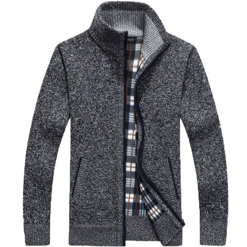 Image of Winter Thick Men's Knitted Sweater Coat Off White Long Sleeve Cardigan Fleece Full Zip Male Causal Plus Size Clothing for Autumn