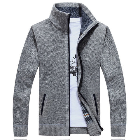 Image of Winter Thick Men's Knitted Sweater Coat Off White Long Sleeve Cardigan Fleece Full Zip Male Causal Plus Size Clothing for Autumn