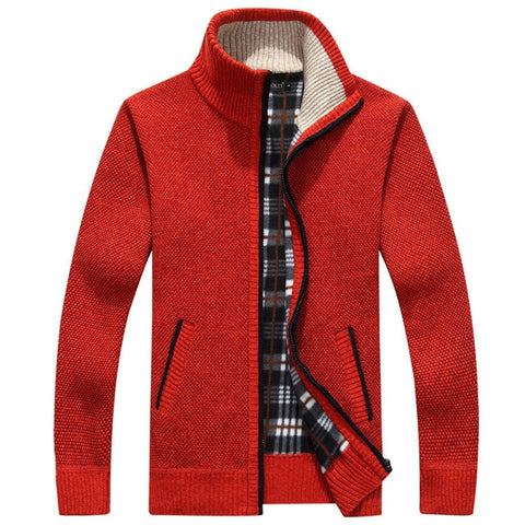 Image of Winter Thick Men's Knitted Sweater Coat Off White Long Sleeve Cardigan Fleece Full Zip Male Causal Plus Size Clothing for Autumn