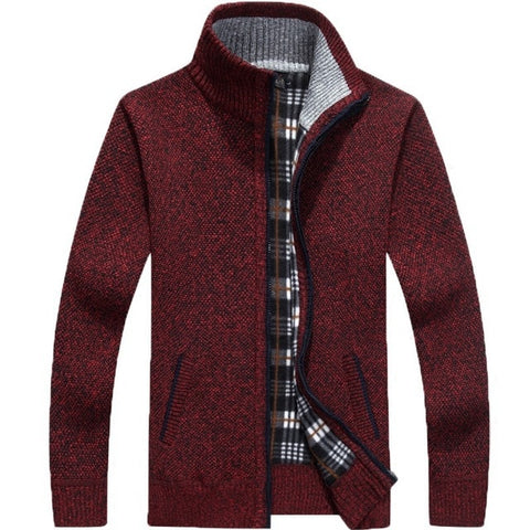 Image of Winter Thick Men's Knitted Sweater Coat Off White Long Sleeve Cardigan Fleece Full Zip Male Causal Plus Size Clothing for Autumn