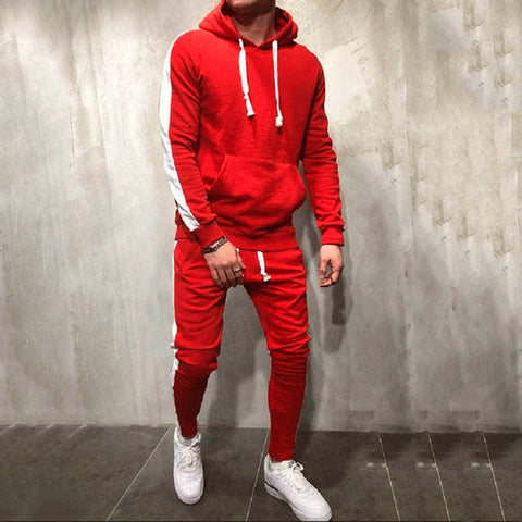 Image of 2 Pieces Sets Tracksuit Men New Brand Autumn Winter Hooded Sweatshirt +Drawstring Pants Male Stripe Patchwork Hoodies Bigsweety