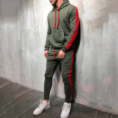 Image of 2 Pieces Sets Tracksuit Men New Brand Autumn Winter Hooded Sweatshirt +Drawstring Pants Male Stripe Patchwork Hoodies Bigsweety