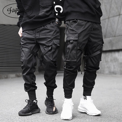 Image of Ribbons Cargo Pants Men  Casual Streetwear Harajuku Pants Hip Hop Trendy casual youth slim pants  Stylish Men's Jogger Trousers